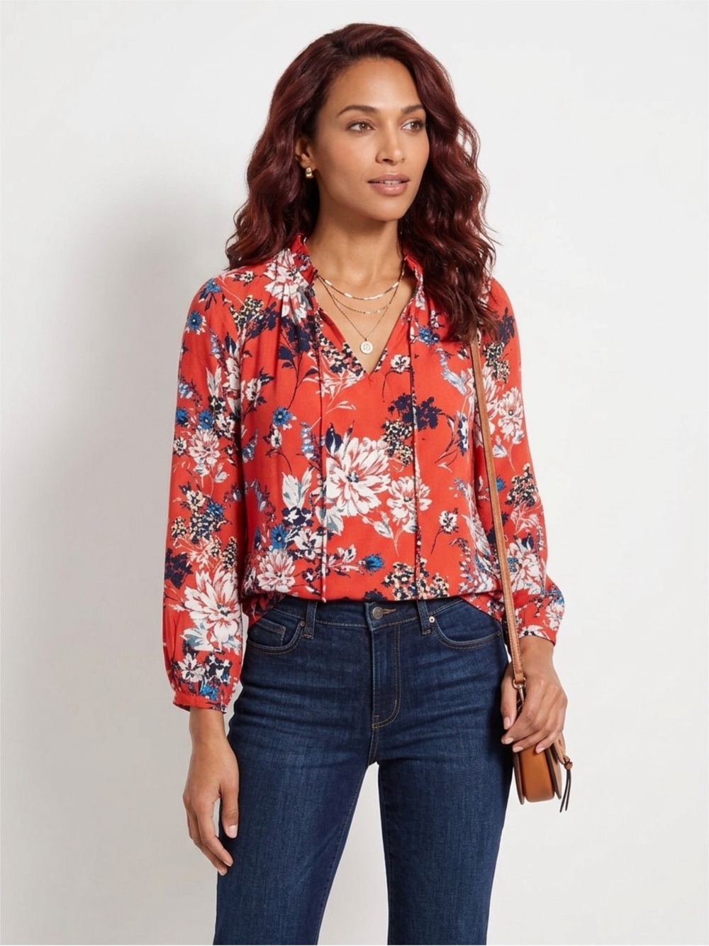 Loft Petite Floral Mixed Media Tie Neck Long Sleeve Top